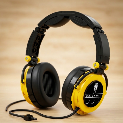 LEGO® slúchadlá v žlto-čiernych farbách s logom podcastu BrickMic®.